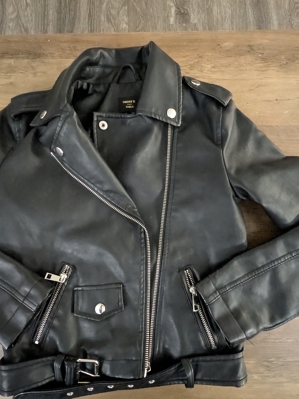 Forever 21 Black Faux Leather Moto Jacket with Zippers and Belt